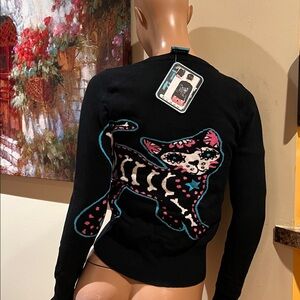 Too Fast Black Cardigan cat on back M Fish on back nwt